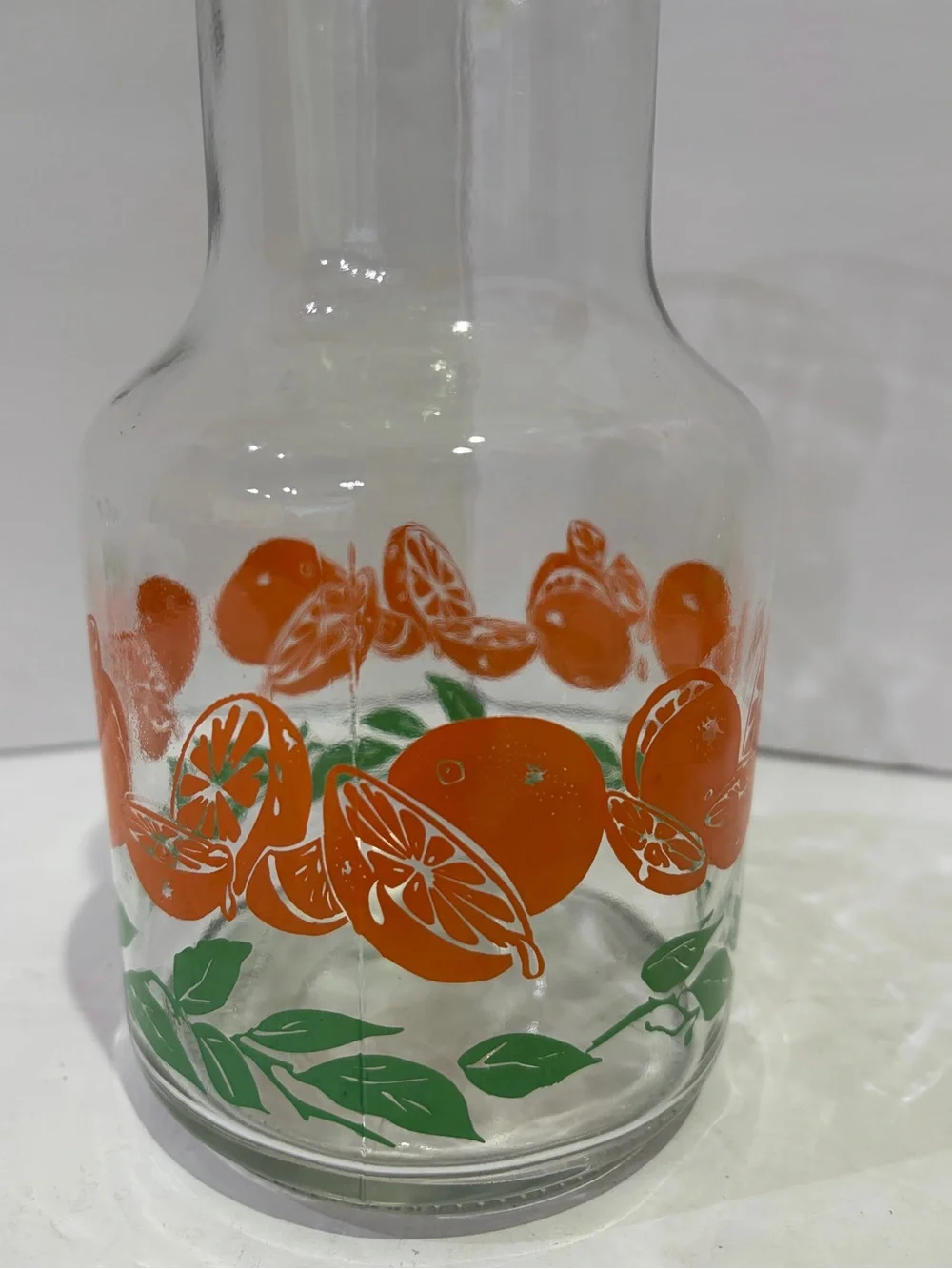 Vintage Libbey Glass Carafe and Tumbler Set Orange and Green Leaf Motif
